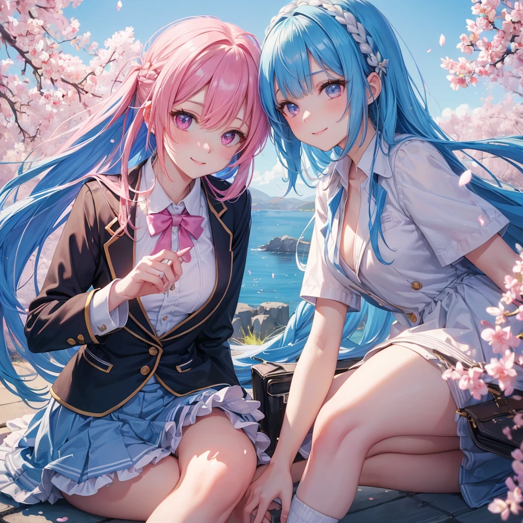 Sky blue hair, Braided Ponytail,(Pink Eyes),Fair skin ,whole body,(1 Girl),Smile,spring, cherry blossoms, Knee-high socks for school, blazer, Straight bangs,(masterpiece, Highest quality, Super detailed, Best Shadow), (Detailed Background), (Beautifully detailed face), High Contrast, (Best lighting, Very delicate and beautiful), ((Cinematic Light)), colorful, Hyper Detail, Dramatic Light, Intricate details,sunshine,Leaning forward,high quality,