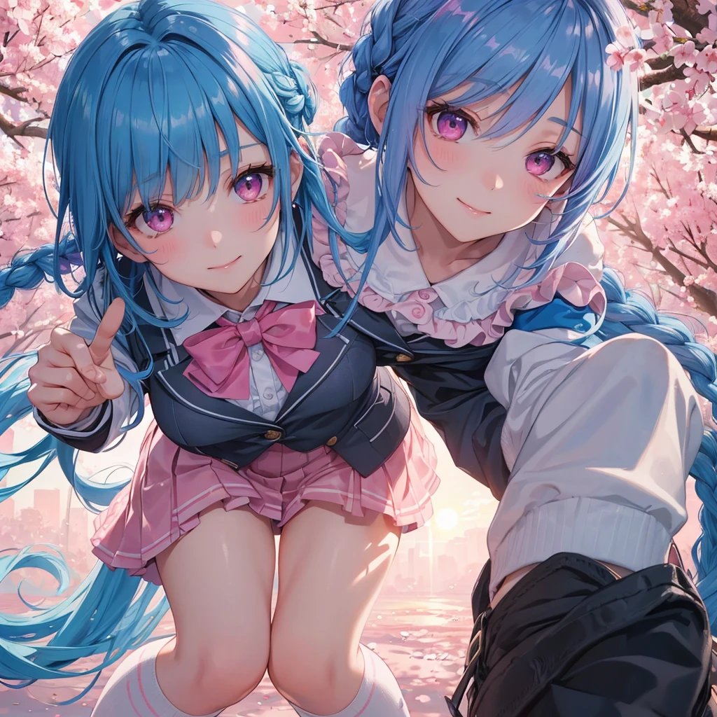 Sky blue hair, Braided Ponytail,(Pink Eyes),Fair skin ,whole body,(1 Girl),Smile,spring, cherry blossoms, Knee-high socks for school, blazer, Straight bangs,(masterpiece, Highest quality, Super detailed, Best Shadow), (Detailed Background), (Beautifully detailed face), High Contrast, (Best lighting, Very delicate and beautiful), ((Cinematic Light)), colorful, Hyper Detail, Dramatic Light, Intricate details,sunshine,Leaning forward,high quality,