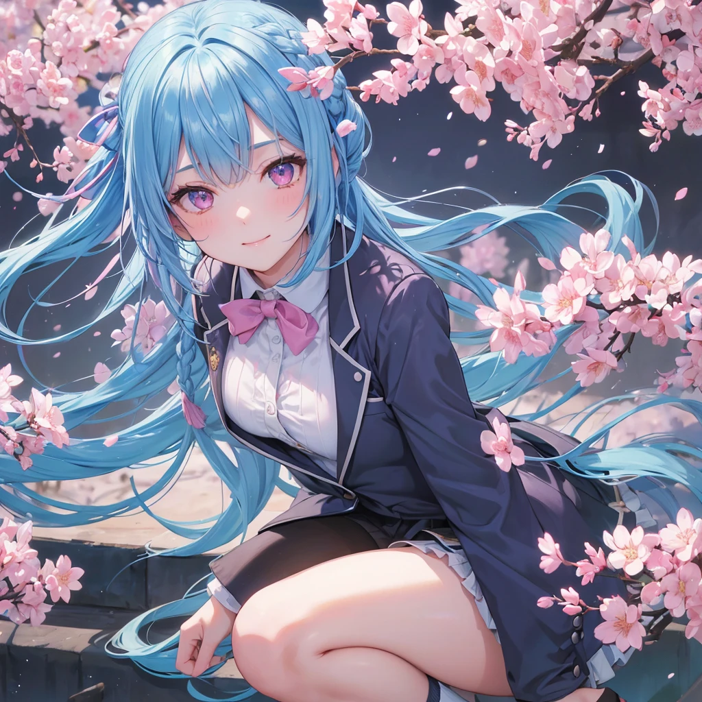 Sky blue hair, Braided Ponytail,(Pink Eyes),Fair skin ,whole body,(1 Girl),Smile,spring, cherry blossoms, Knee-high socks for school, blazer, Straight bangs,(masterpiece, Highest quality, Super detailed, Best Shadow), (Detailed Background), (Beautifully detailed face), High Contrast, (Best lighting, Very delicate and beautiful), ((Cinematic Light)), colorful, Hyper Detail, Dramatic Light, Intricate details,sunshine,Leaning forward,high quality,