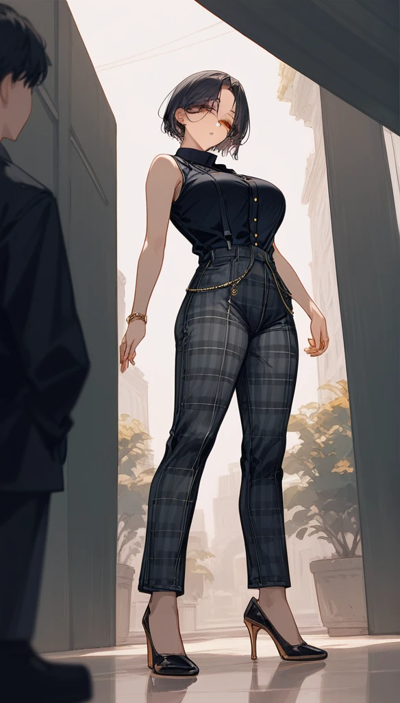 masterpiece, Score_9, Score_8_up, Score_7_up, rear view, 1 woman, alone, dark black hair, very short hair, long parted bangs, gold and orange eyes, half-closed eyes, parted lips, expressionless, pale skin, large breasts, top bodysuit, Basic black sleeveless V-neck shirt, black flannel pants, high heels, long open bangs, with a mole below the mouth, cut-out style (boy), No bangs.