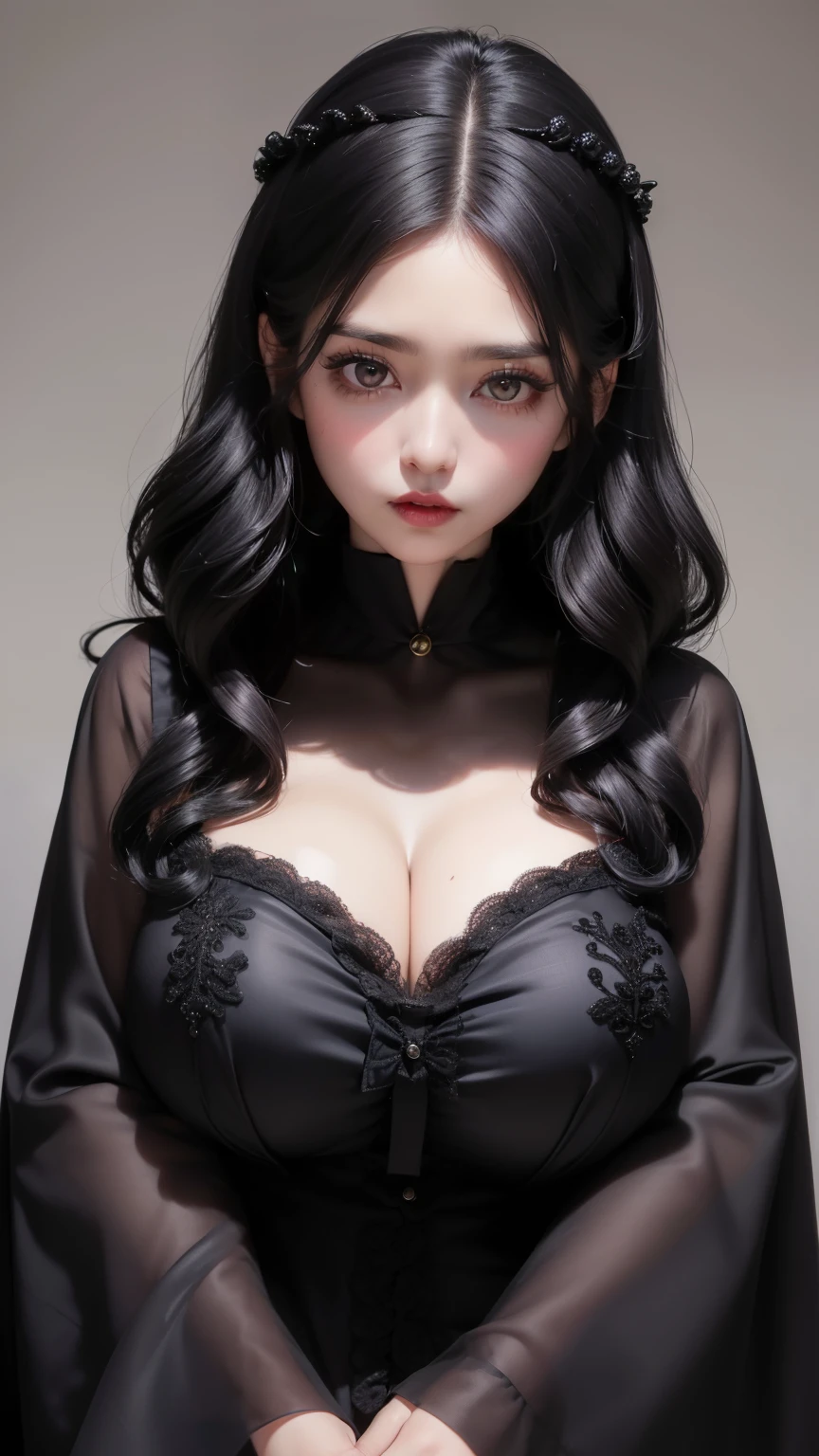 woman((30year old)), hair((black color, wavy)), eyes((black, big eyes)), ((silk, long-sleeves)), accessories ((fur ornament)), gigantic breast, big breast, blank background, korean make-up look, lipgloss,,