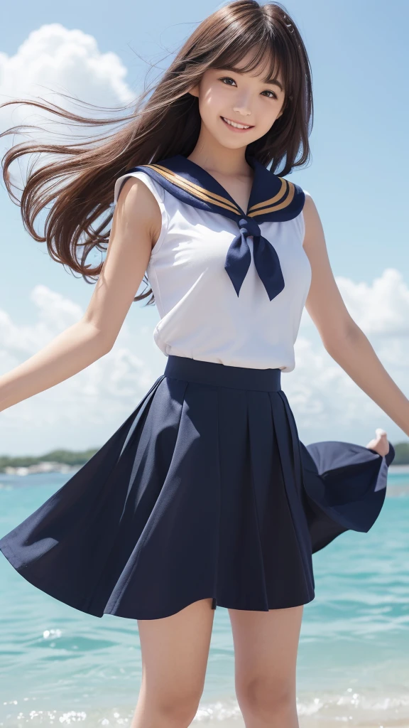 1girl,(((Okinawa ocean)))、(((White sand beaches in Okinawa)))、(((Just join your hands and pray)))、(((Mysterious look)))、8k UHD、Digital single-lens reflex camera、High resolution、Shallow depth of field、Natural light、(((オフショルダーで腕を上げて美しい脇の下をみせてくれる)))、(((Sailor suit)))、(((navy blue super mini skirt)))、(((A sparkling, charming smile)))、(((Full body photography)) )、Small person、(((Young face)))、1 Japanese female、12 years old;beautiful girl、(Black Hair)、A strong wind blows up my skirt、(((Brown eyes)))、Glowing Skin、Smooth Thinning Hair、Long Hair、Detailed background、Detailed eyes and face、Clear Eyes、Cute smile、Calm atmosphere、(((stage)))、(((Small breasts)))、(((Beautiful Eyes)))、Flat chest、Children、(((Toned thighs))) 、(((Angle from below) ))、(((Fine lips)))、(((Skirt fluttering)))、Shining beautiful legs、( Skirt fluttering violently in the strong wind :1.4), (hair blowing in the strong wind:1.4), (leaning forward)、barefoot、barefoot、((((A skirt flipped up by a strong wind))))