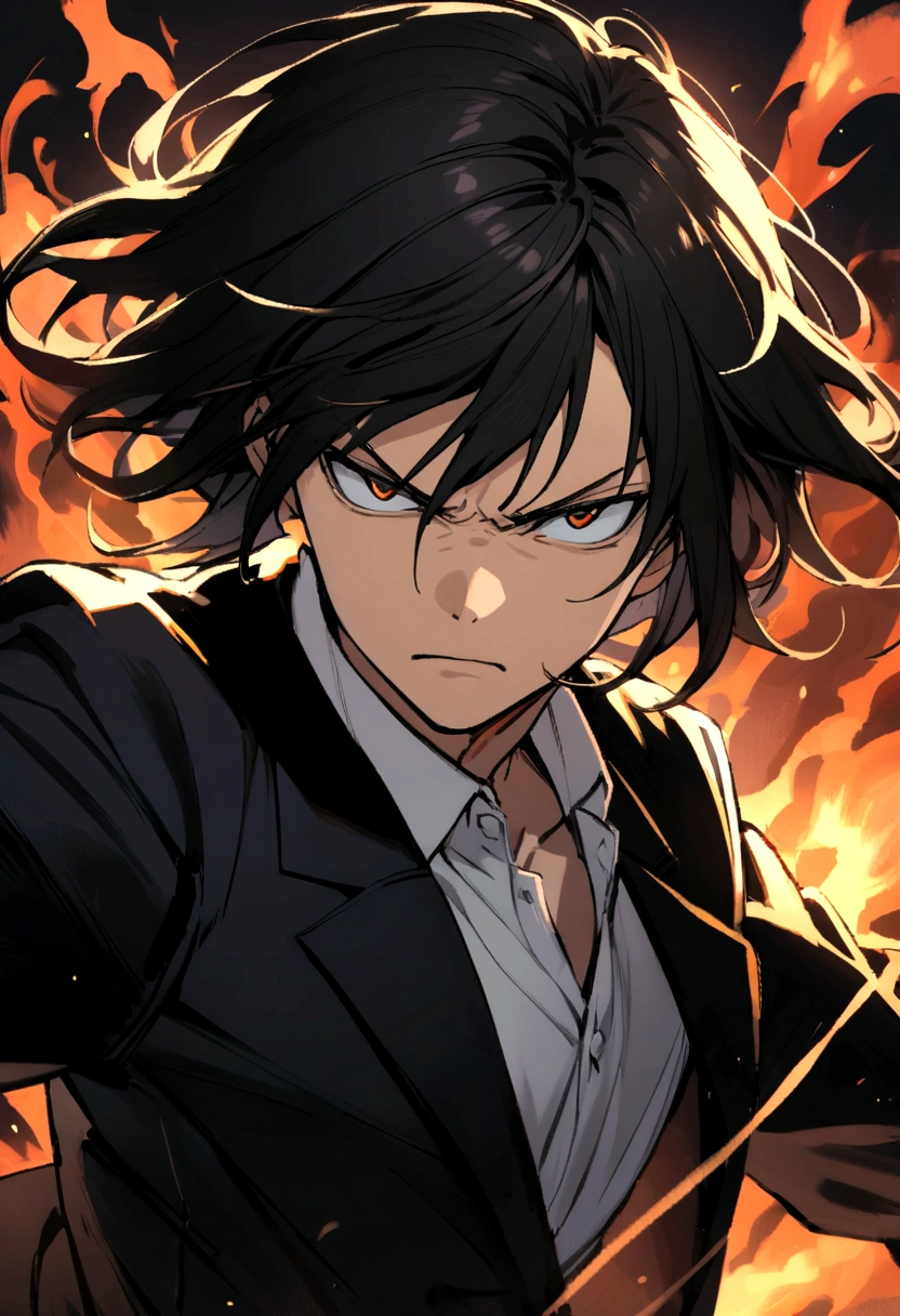 Teenage boy, tidy hair, Medium length hair, Bblack hair, serious face, eyes black, white school shirt, black school jacket, Brown pants, black dress shoes