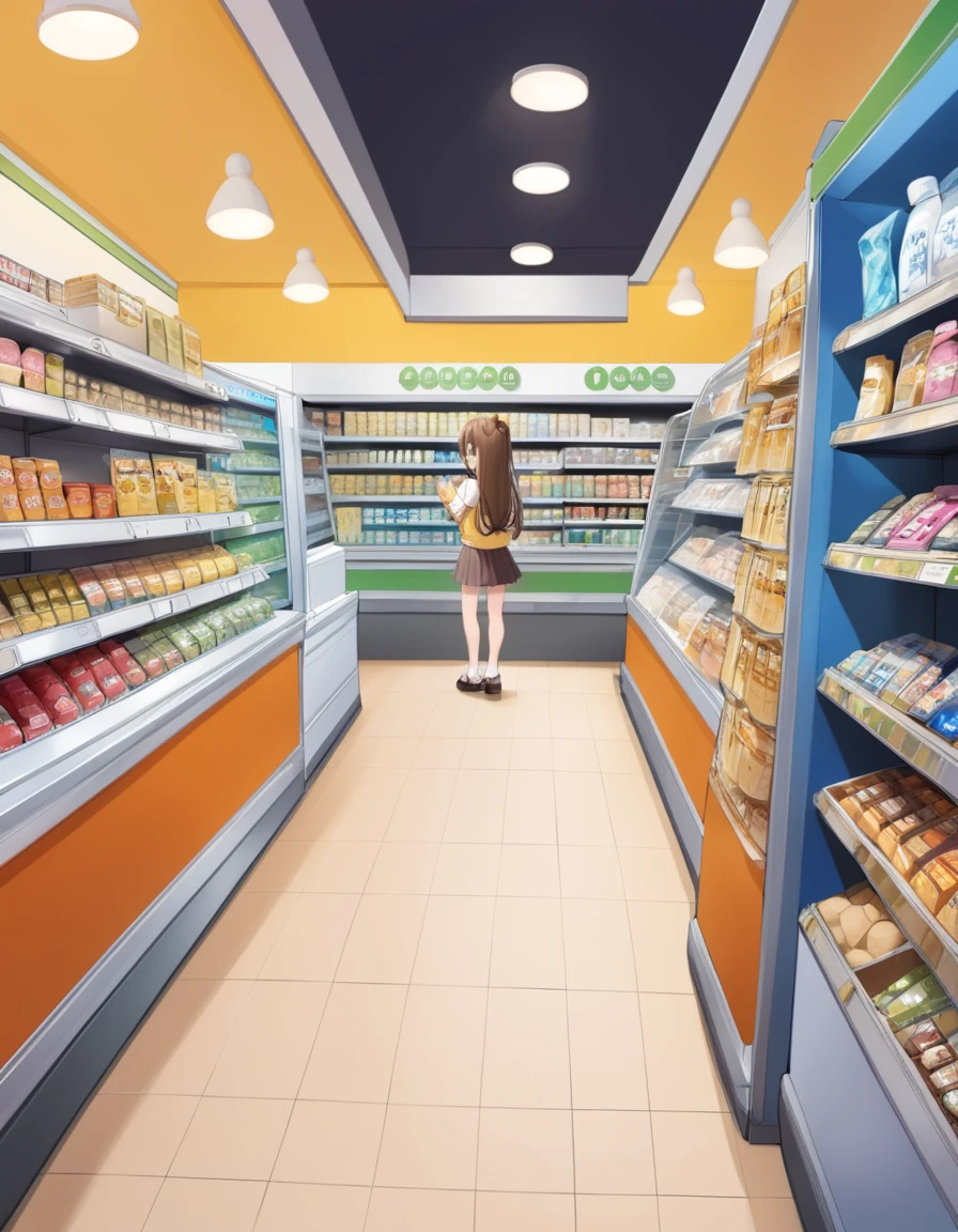 close up face, a ultra detailed cute moe anime, Convenience stores are open 24 hours. a brightly lit store coloring the street even late at night. Inside the store, a variety of products are lined up, and beyond the cash register, you can see the figure of a clerk ready to welcome customers at any time.