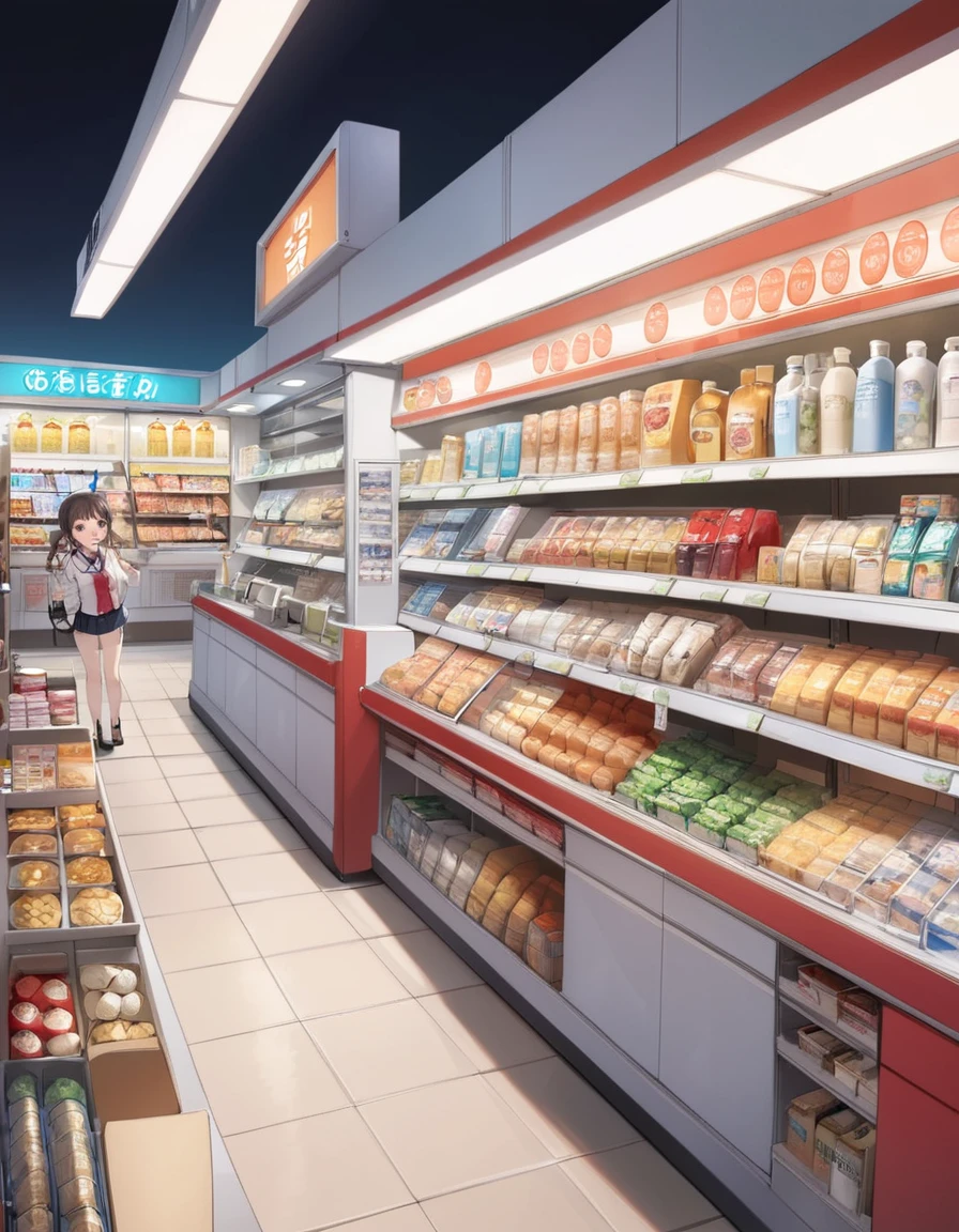 close up face, a ultra detailed cute moe anime, Convenience stores are open 24 hours. a brightly lit store coloring the street even late at night. Inside the store, a variety of products are lined up, and beyond the cash register, you can see the figure of a clerk ready to welcome customers at any time.