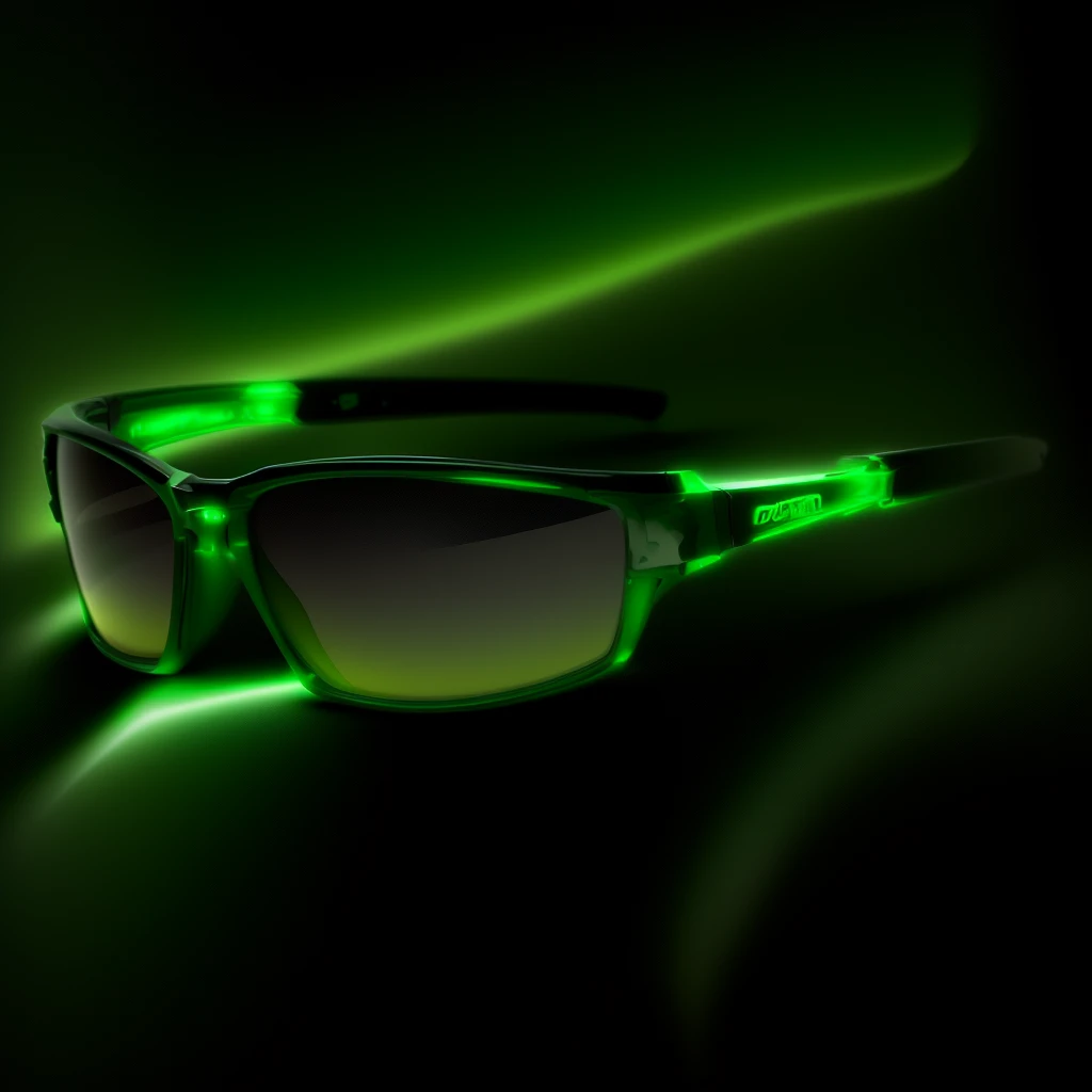 a pair of sunglasses with green lenses on a black background, green shades, sport glasses, original, green neon, aurora green, green tint, green aura, polarized sports sunglasses, gradient light green, hyper, ultra view angle view, artist rendition, multilayer, green glow, cascadian, green crystal, neon sunglasses!, dynamic, gradient white blue green