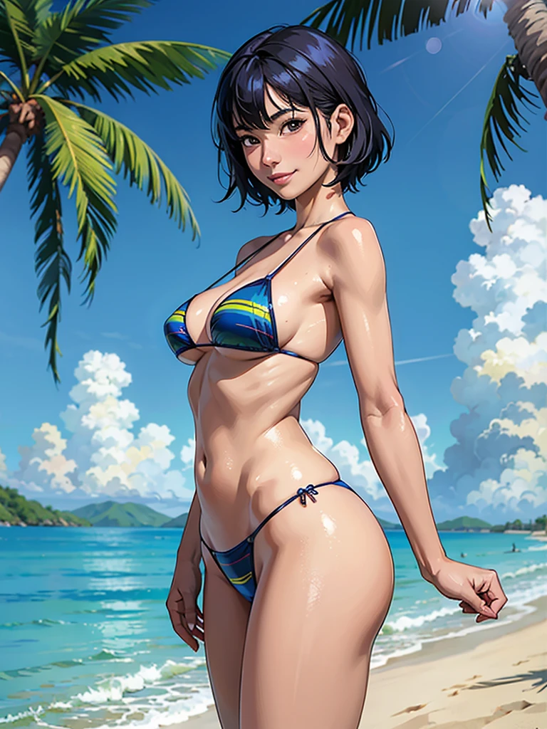 ((highest quality, masterpiece, High resolution)), ((reality)),Photos of beautiful Japanese women,((anime art))、 (((1 girl))), normal size breasts, slim body shape, medium short hair, double eyelid, Wet see-through micro bikini, A pareo with bold ethnic patterns and plenty of primary colors、realistic skin、Wet,whole body,cinematic light、tropical、Against the background of palm trees on both sides、on a sunny beach、With the sea in the background、blur background、smile