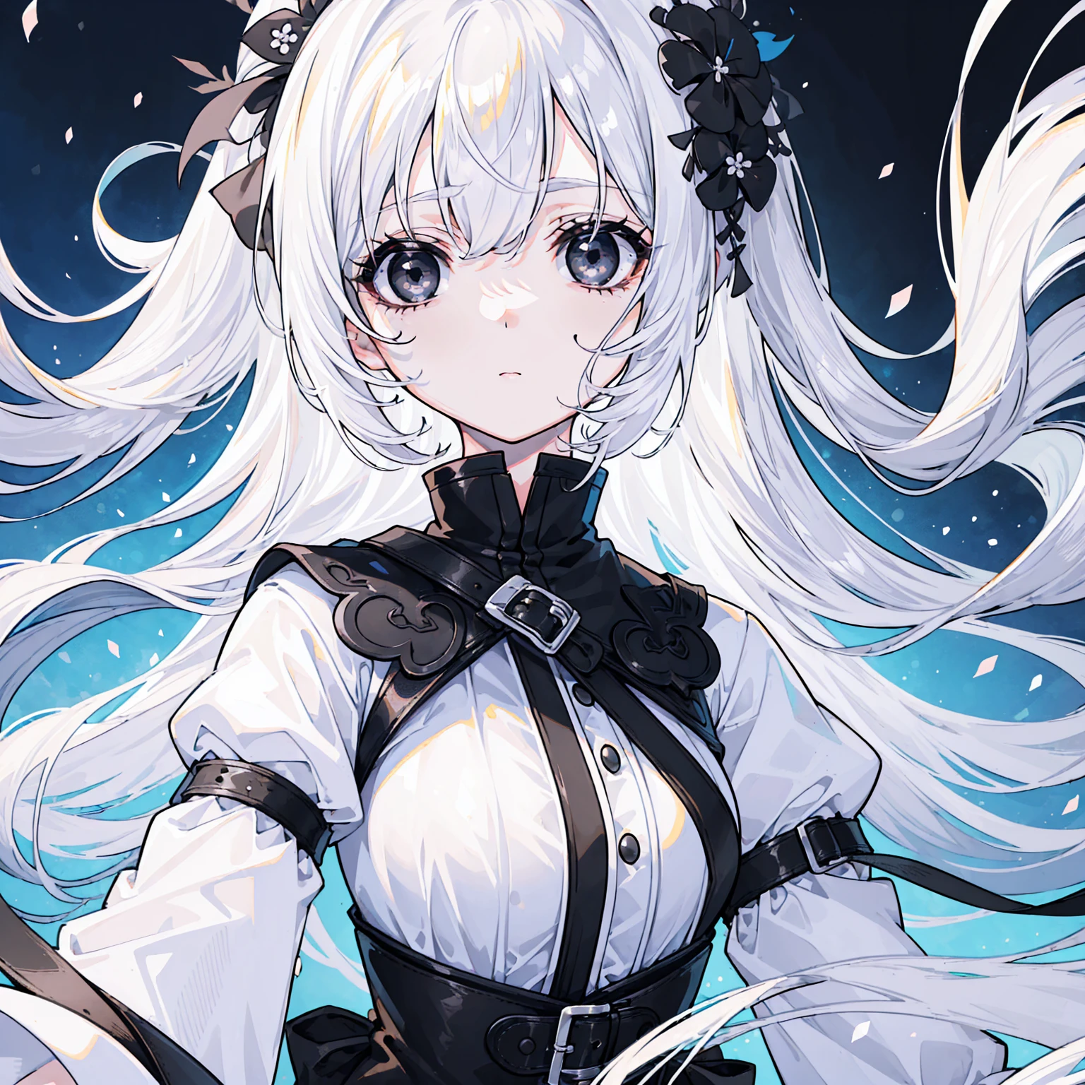 (Top image quality)、(Ultra Detailed)、(Facing forward)、top quality、masterpiece、(((1 girl:1.5)))、Silver Hair、white hair、((Long hair))、(black eyes:1.6)