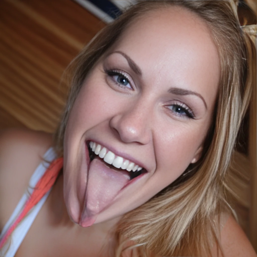 a blonde college girl with her mouth open knelt gracefully on wooden floor, (very big  mouth:1), extreme midday sun, close portrait, toplit, frontlit, seductive, sharp focus, dslr, professional , stunning, very detailed, aesthetic, ultra realistic, wholesome, warm light, tank top, huge cleavage, detailed pupils, detailed eyes, blue eyes, very detailed skin, pretty teeth, extremely detailed eyes and face, beautiful detailed nose,  beautiful detailed eyes,  tounge out, wide smile, happy face