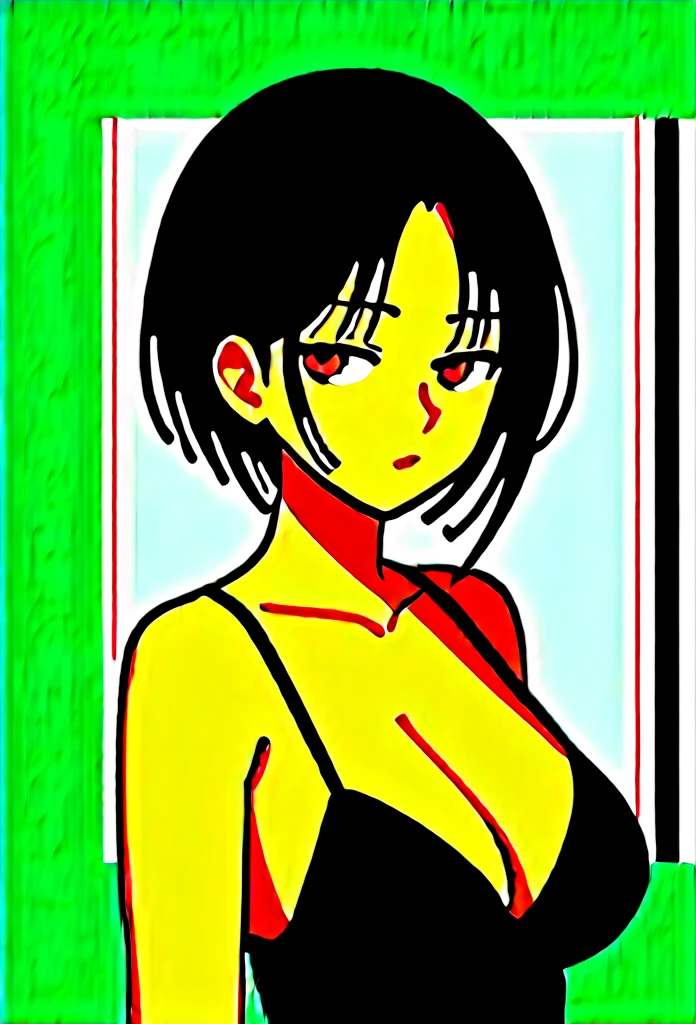 
masterpiece, Score_9, Score_8_up, Score_7_up, rear view, 1 woman, alone, dark black hair, very short hair, long parted bangs, gold and orange eyes, half-closed eyes, parted lips, expressionless, pale skin, large breasts, top body, black Nightgown with transparent V-neck, long open bangs, with a mole under the mouth, cut style (boy), No bangs.
