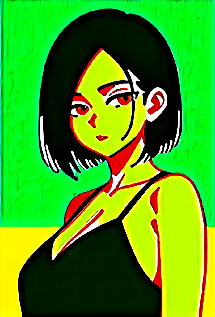 masterpiece, Score_9, Score_8_up, Score_7_up, rear view, 1 woman, alone, dark black hair, very short hair, long parted bangs, gold and orange eyes, half-closed eyes, parted lips, expressionless, pale skin, large breasts, top body, black Nightgown with transparent V-neck, long open bangs, with a mole under the mouth, cut style (boy), No bangs.
