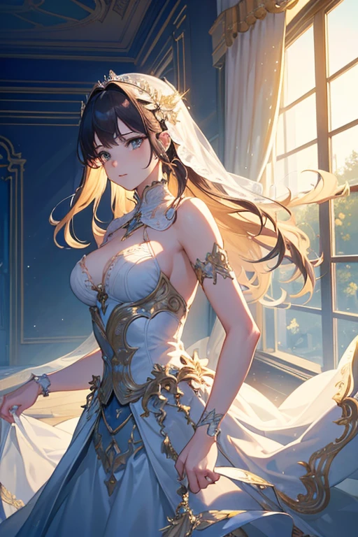 best quality, ultra detailed, full body, depth of field, white wavy fluttering victorian dress, teardrop breasts, long wavy ponytail, late evening, park riverside, animal ears, perfect anatomy, nine-tailed fox,