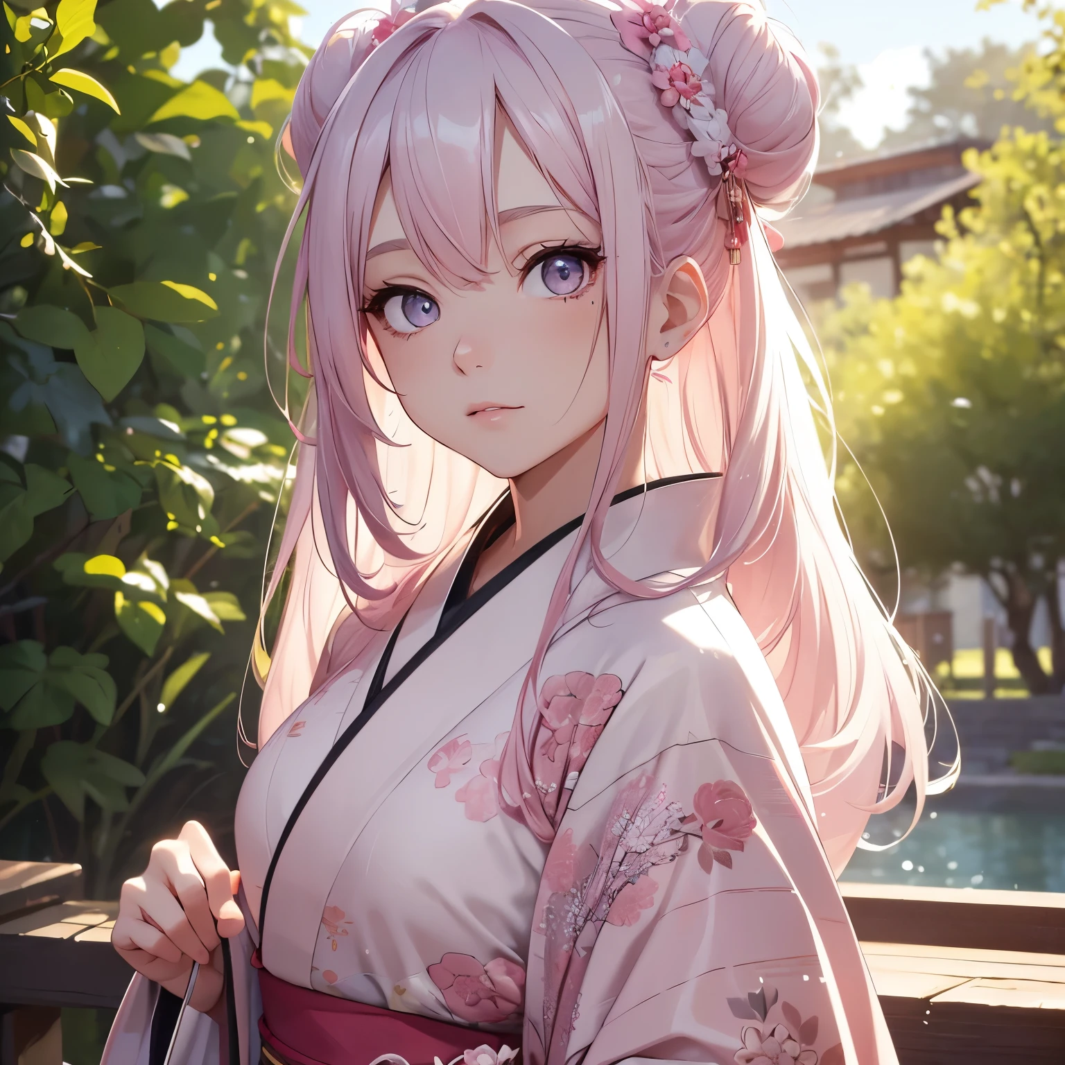 (8K, Best Quality, Masterpiece, Ultra High Resolution) 1 Girl, Beautiful Eyes, Face Details, Long Pink Hair, Hair Buns, Hazel Eyes, Pale Skin, , Wearing Kimono, Pink and Silver Details, Standing Outside, Best Quality, Upper Body, Looking at the Viewer, Facing Viewer, Close Up