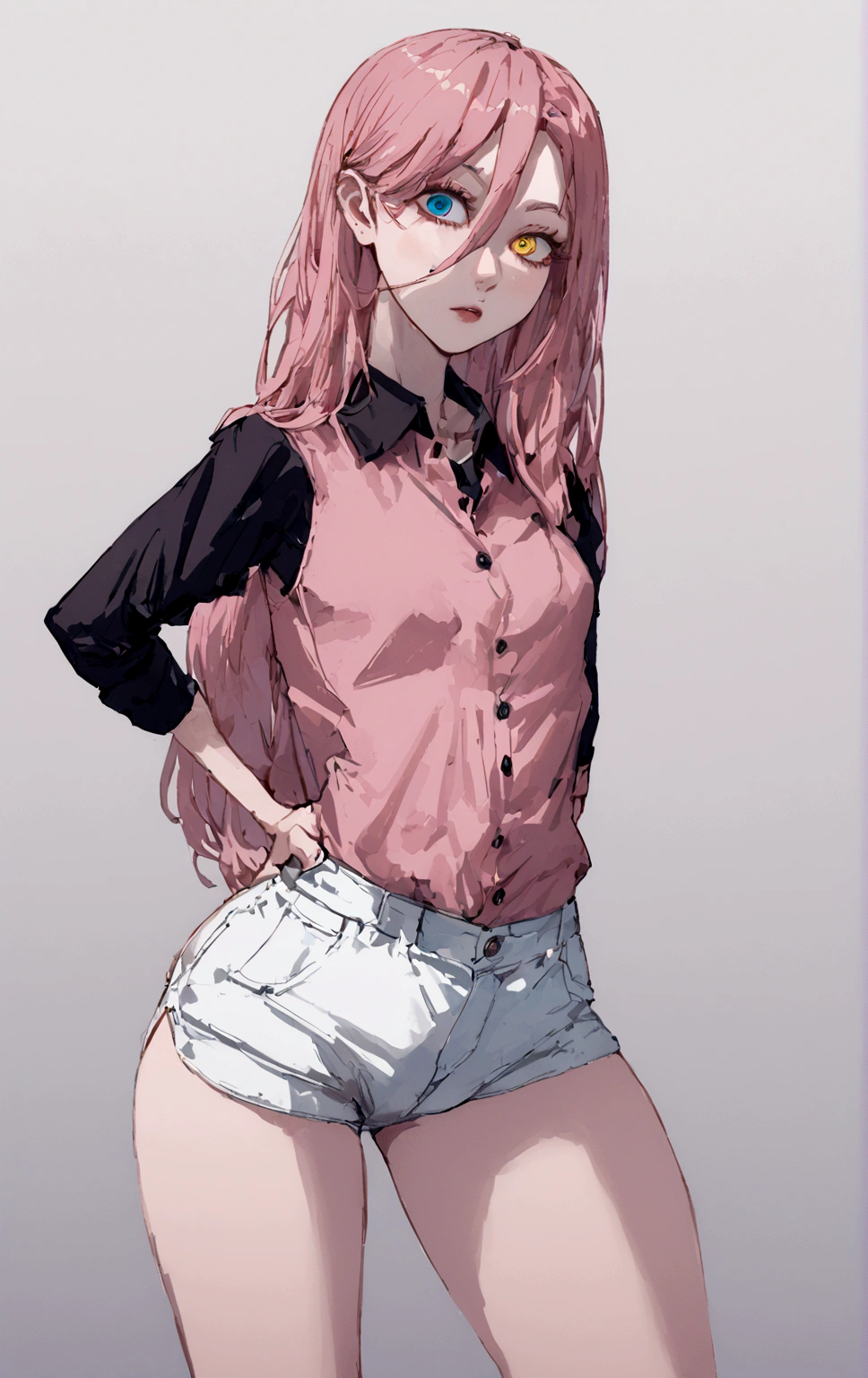 Cyberpunk, Girl, 1girl, Beautiful lady in office black shirt with buttons and shorts, office like longer pink coat, long pink hair, Multi-colored hair, multi-colored eyes, heterochromia, tall, thin, beautiful lady, perfect body, slim, blueeyes, office suit, elongated, Prominent Jaw, Thin girl, skinny girl, perfect skinny girl, teen, ************