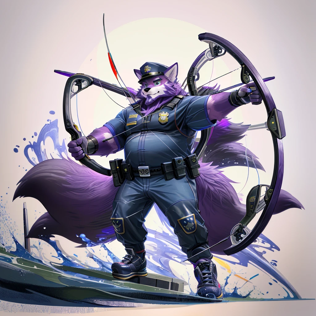 anthro, kemono, male, solo, ((round face, beard)), (((purple fox))), (((purple fur))), purple hair, beard, white eyebrows, detailed green eyes, tall, steel hunting bow, (((archery, police hat, police, black police uniform, military shoes))), full body, splash art, white background,