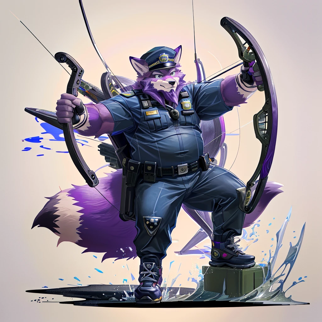 anthro, kemono, male, solo, ((round face, beard)), (((purple fox))), (((purple fur))), purple hair, beard, white eyebrows, detailed green eyes, tall, steel hunting bow, (((archery, police hat, police, black police uniform, military shoes))), full body, splash art, white background,