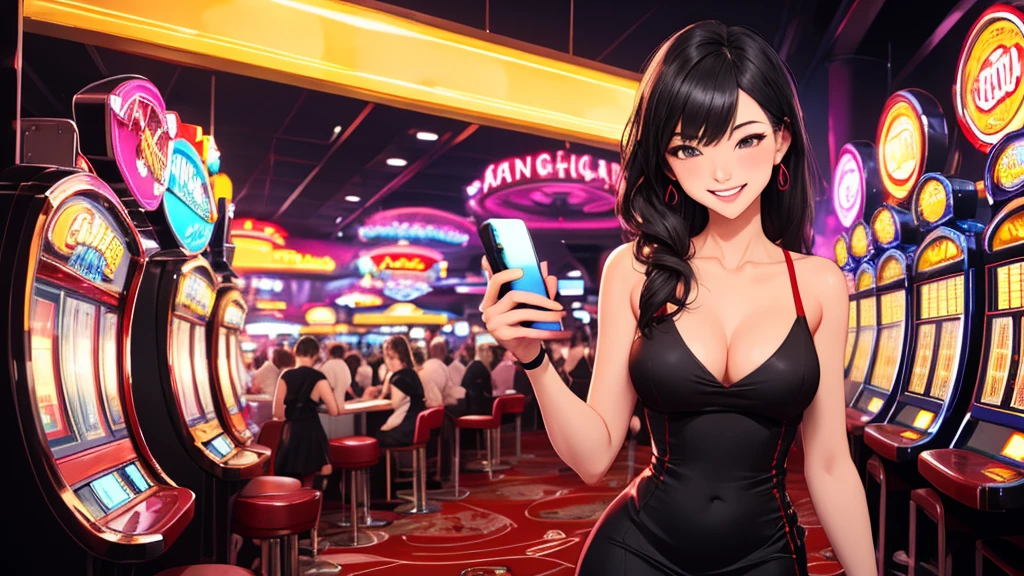 Masterpiece, best quality, 1 dealer girl, alone, look at mobile phone, chest, mature woman, collarbone, Random Hairstyles, cyberpunk, neon light, In the building, Casino, Big wheel of fortune, play mobile phone, black tight dress, depth of field, playful mood,Big smile