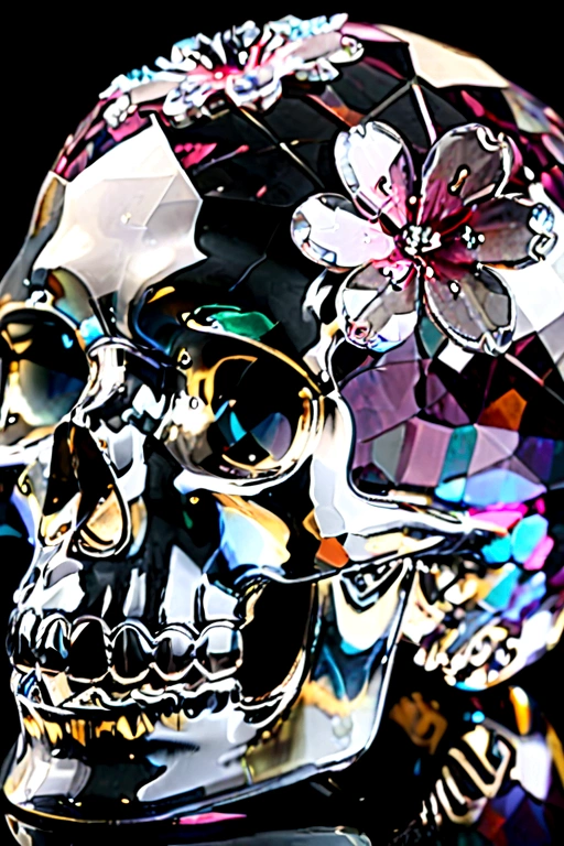 High quality, 8K Ultra HD, The cherry blossom pattern inside the skull is made of transparent crystals with geometric surfaces, high detal,ultra-realistic, shimmers with a captivating brilliance.