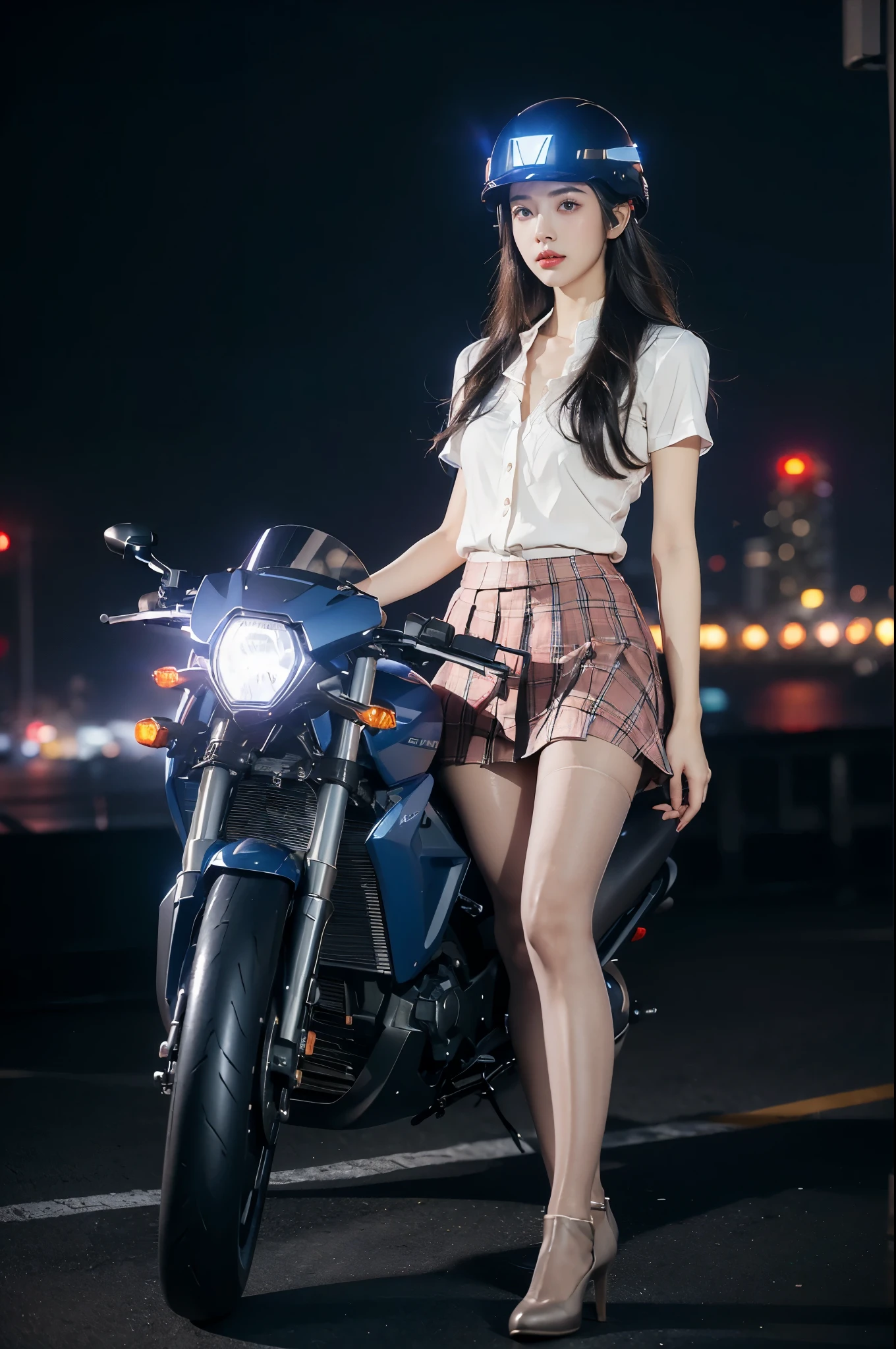 (((best quality))),(((ultra detailed))),(((masterpiece))),illustration,((1 beautiful girl,solo)),((slim,thin,small breasts,flat chest)),shoulder length straight hair,almond-shaped eyes, intense gaze, fair skin, subtle blush, full pink lips, confident smile,(white collared short sleeved shirt:1.3),Windsor knot on neck,((red plaid pleated skirt,slender legs,pantyhose)),deep blue hue, silver accents, form-fitting, low neckline, smooth skin,booties, urban scene, cyberpunk city, neon lights, tall buildings, LED signs, misty glow, dreamy ambiance, night sky, twinkling stars, electric atmosphere,(riding on a motorcycle:1.3), (safety helmet:1.3), vibrant atmosphere