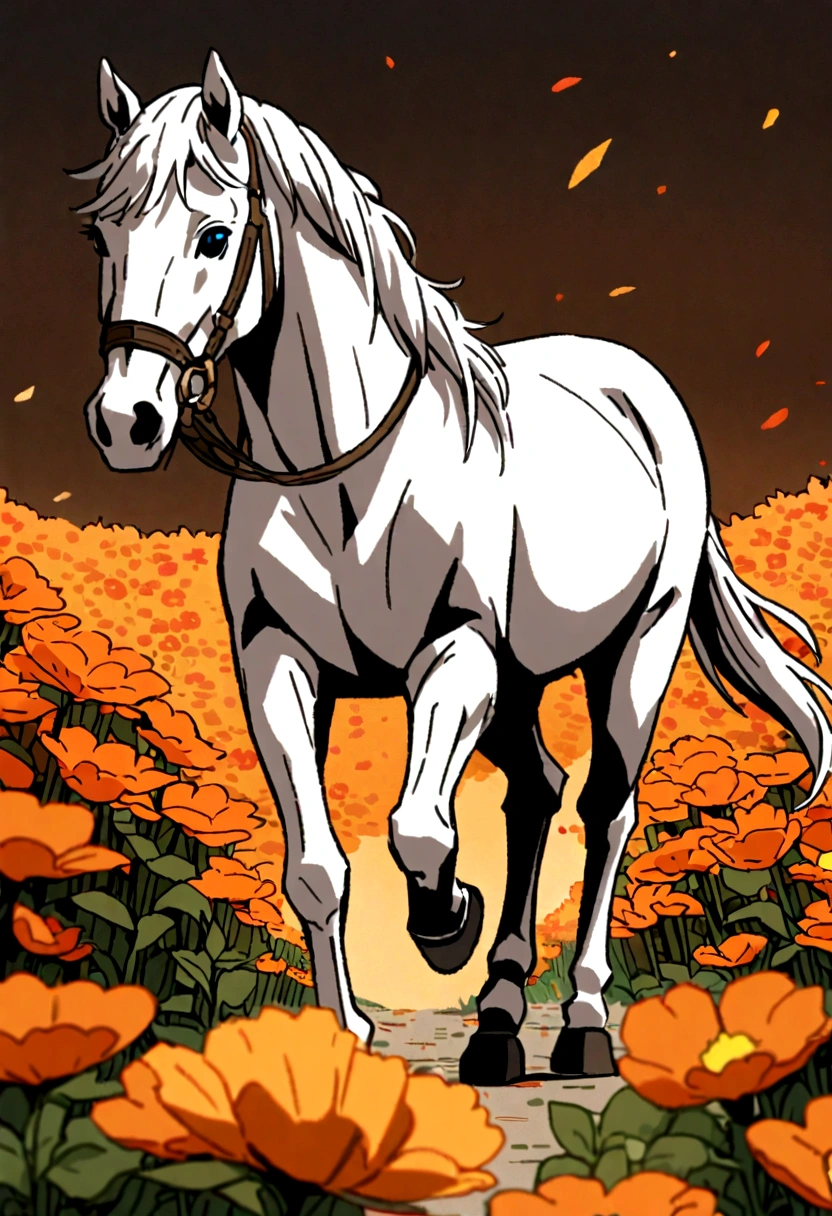 a white horse walking through an orange field of flowers, animated gifs