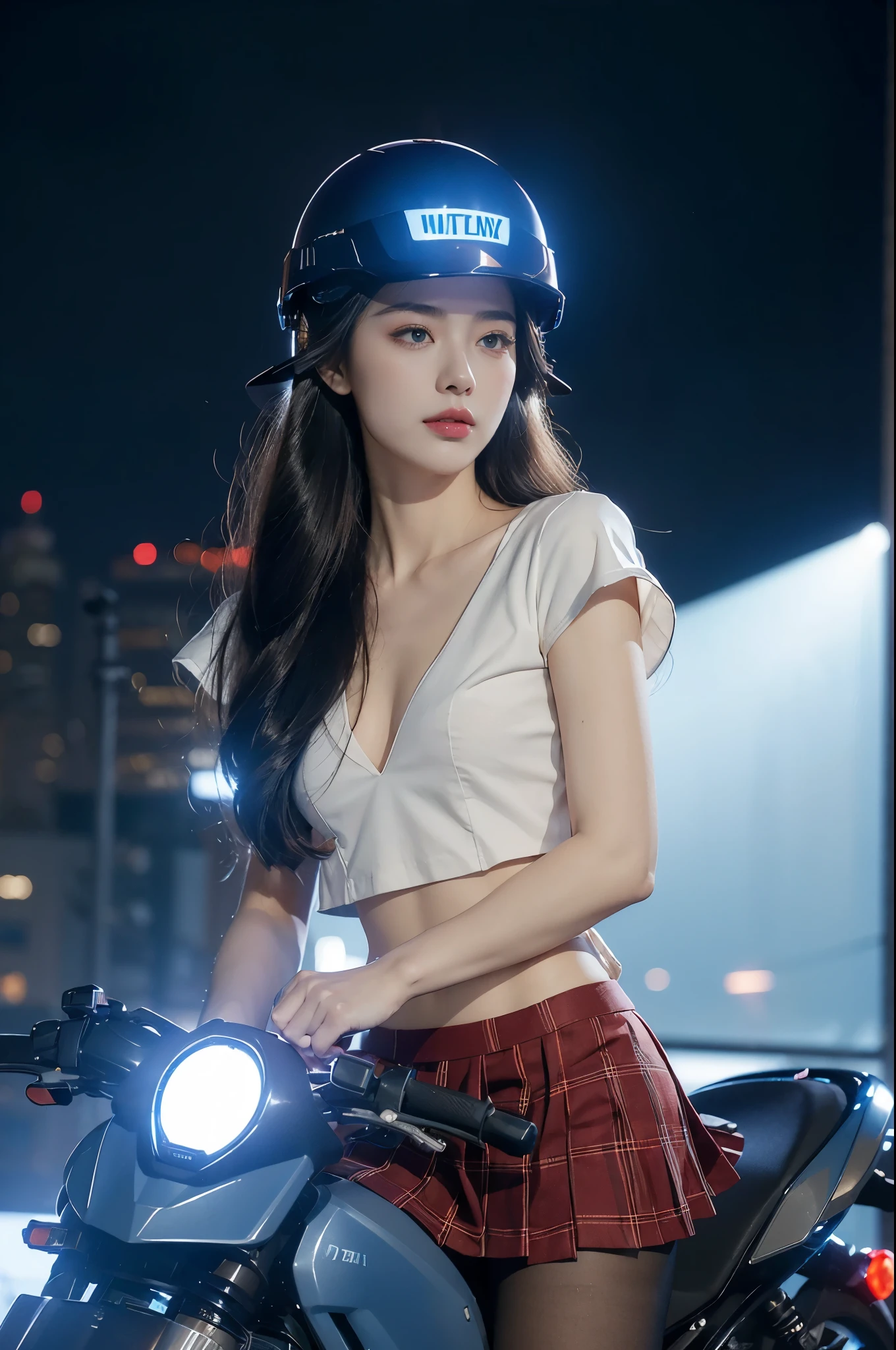 (((best quality))),(((ultra detailed))),(((masterpiece))),illustration,((1 beautiful girl,solo)),((slim,thin,small breasts,flat chest)),shoulder length straight hair,almond-shaped eyes, intense gaze, fair skin, subtle blush, full pink lips, confident smile,(white collared short sleeved shirt:1.3),Windsor knot on neck,((red plaid pleated skirt,slender legs,pantyhose)),deep blue hue, silver accents, form-fitting, low neckline, smooth skin,booties, urban scene, cyberpunk city, neon lights, tall buildings, LED signs, misty glow, dreamy ambiance, night sky, twinkling stars, electric atmosphere,(riding on a motorcycle:1.3), (safety helmet:1.3), vibrant atmosphere