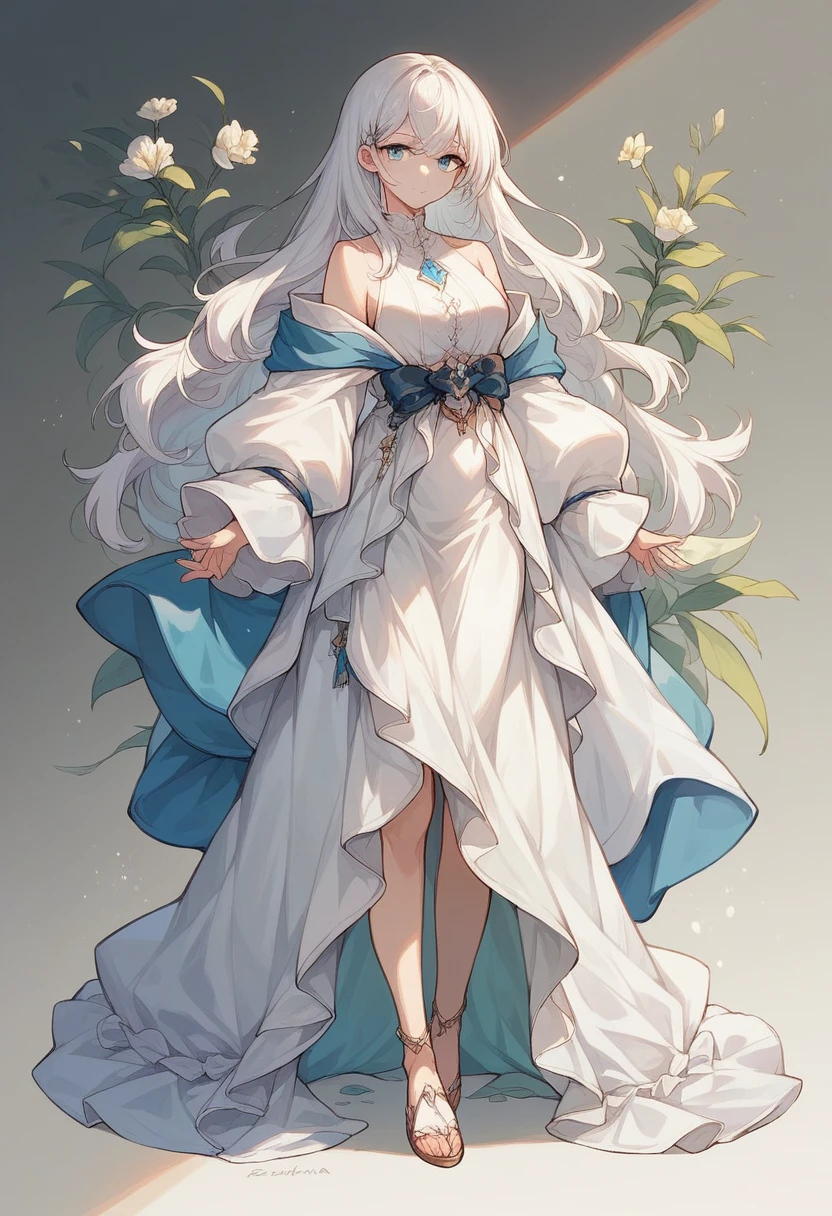 Beautiful realistic girl HD: long white hair with three-strand bangs and blue eyes, 比基尼. full body image. fund: beachfront.