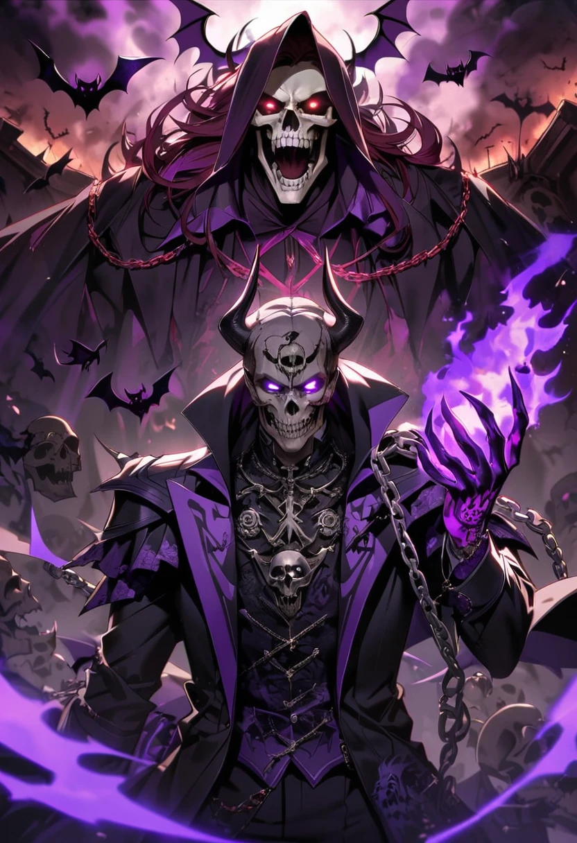 male, hell, purple flame, purple flame hand, skull, chain, tatoo, bats, bone, devil, blood, glowing eyes, purple eyes, dark red hair, emperor dark outfit