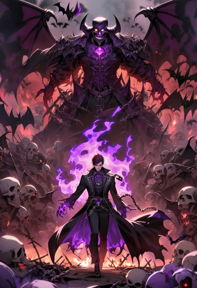 male, hell, purple flame, purple flame hand, skull, chain, tatoo, bats, bone, devil, blood, glowing eyes, purple eyes, dark red hair, emperor dark outfit