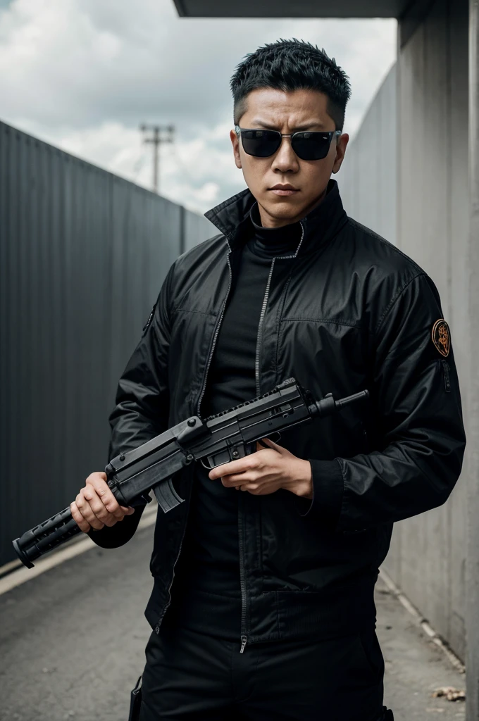 jujutsu kaisen characters satoru gojo he wear black sunglasses and he hold ak 47 gun and it background totally back he looks like a bad and like killer