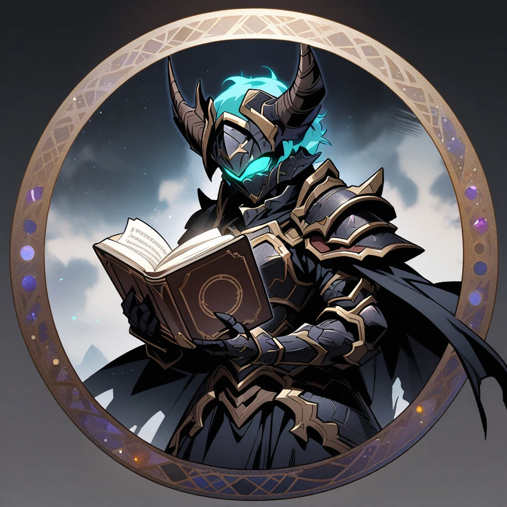 (circle frame1.7),dragon warrior solo Cosmic armor horns glowing dark fantasy horrorreading book, circle frame,