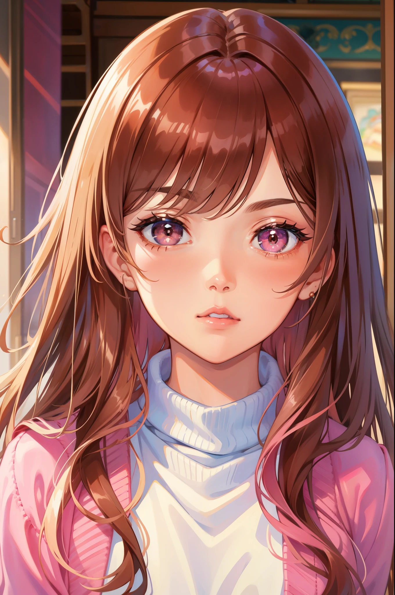 Girl, long light brown hair, gray eyes, sharp features, white skin, pink lips, purple sweater