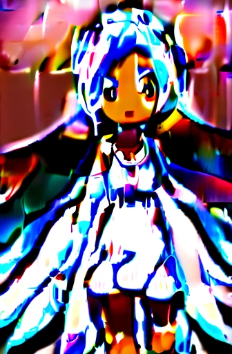 Anime girl age 17, curvy, long white hair, tan skin, brown eyes,angel wings light blue sundress with low shoulder