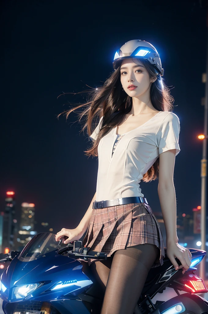 (((best quality))),(((ultra detailed))),(((masterpiece))),illustration,((1 beautiful girl,solo)),((slim,thin,small breasts,flat chest)),shoulder length straight hair,almond-shaped eyes, intense gaze, fair skin, subtle blush, full pink lips, confident smile,(white collared short sleeved shirt:1.3),Windsor knot on neck,((red plaid pleated skirt,slender legs,pantyhose)),deep blue hue, silver accents, form-fitting, low neckline, smooth skin,booties, urban scene, cyberpunk city, neon lights, tall buildings, LED signs, misty glow, dreamy ambiance, night sky, twinkling stars, electric atmosphere,(riding on a motorcycle:1.3), (safety helmet:1.3), vibrant atmosphere