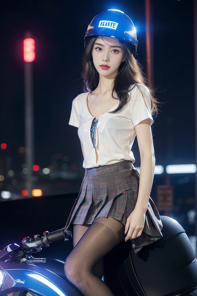 (((best quality))),(((ultra detailed))),(((masterpiece))),illustration,((1 beautiful girl,solo)),((slim,thin,small ,flat chest)),shoulder length straight hair,almond-shaped eyes, intense gaze, fair skin, subtle blush, full pink lips, confident smile,(white collared short sleeved shirt:1.3),Windsor knot on neck,((red plaid pleated skirt,slender legs,pantyhodeep blue hue, silver accents, form-fitting, low neckline, smooth skin,booties, urban scene, cyberpunk city, neon lights, tall buildings, LED signs, misty glow, dreamy ambiance, night sky, twinkling stelectric atmosphere,(riding on a motorcycle:1.3), (safety helmet:1.3), vibrant atmosphere