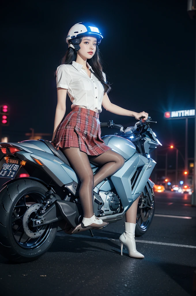 (((best quality))),(((ultra detailed))),(((masterpiece))),illustration,((1 beautiful girl,solo)),((slim,thin,small breasts,flat chest)),shoulder length straight hair,almond-shaped eyes, intense gaze, fair skin, subtle blush, full pink lips, confident smile,(white collared short sleeved shirt:1.3),Windsor knot on neck,((red plaid pleated skirt,slender legs,pantyhose)),deep blue hue, silver accents, form-fitting, low neckline, smooth skin,booties, urban scene, cyberpunk city, neon lights, tall buildings, LED signs, misty glow, dreamy ambiance, night sky, twinkling stars, electric atmosphere,(riding on a motorcycle:1.3), (safety helmet:1.3), vibrant atmosphere