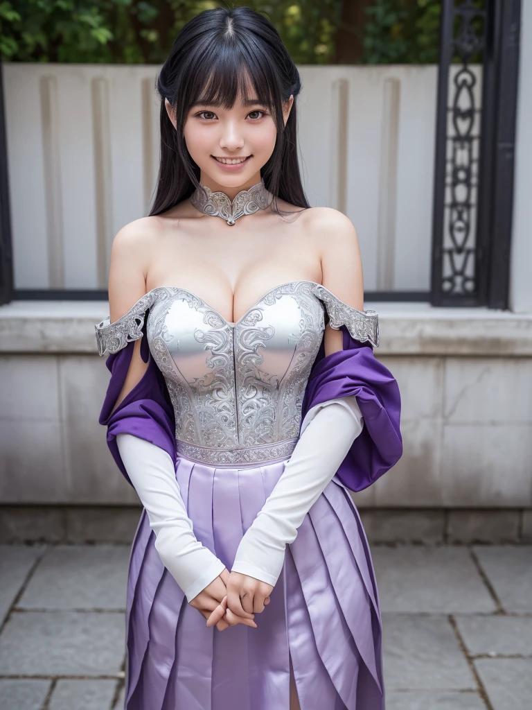 a beautiful japanese girl, very cute high school girl assassin, detailed portrait of innocent virgin, in front of a lord's manor at the main entrance, (off-shoulder silver breastplate, purple slit long skirt, purple arm cover:1.1),((full body, standing)), ((coy demonic smile, white teeth, open mouth:1.2)), blushing, fidgeting hands, translucent skin, hands clasped in front, small breasts, cleavage, beautiful legs, glossy straight medium black hair, asymmetrical bangs, greeting, ((best quality, 4k, 8k, highres, masterpiece, ultra-detailed, realistic, photorealistic, photo-realistic, intricate detail, highly realistic:1.3)), dramatic lighting, muted color palette, cinematic composition, emotional portrait
