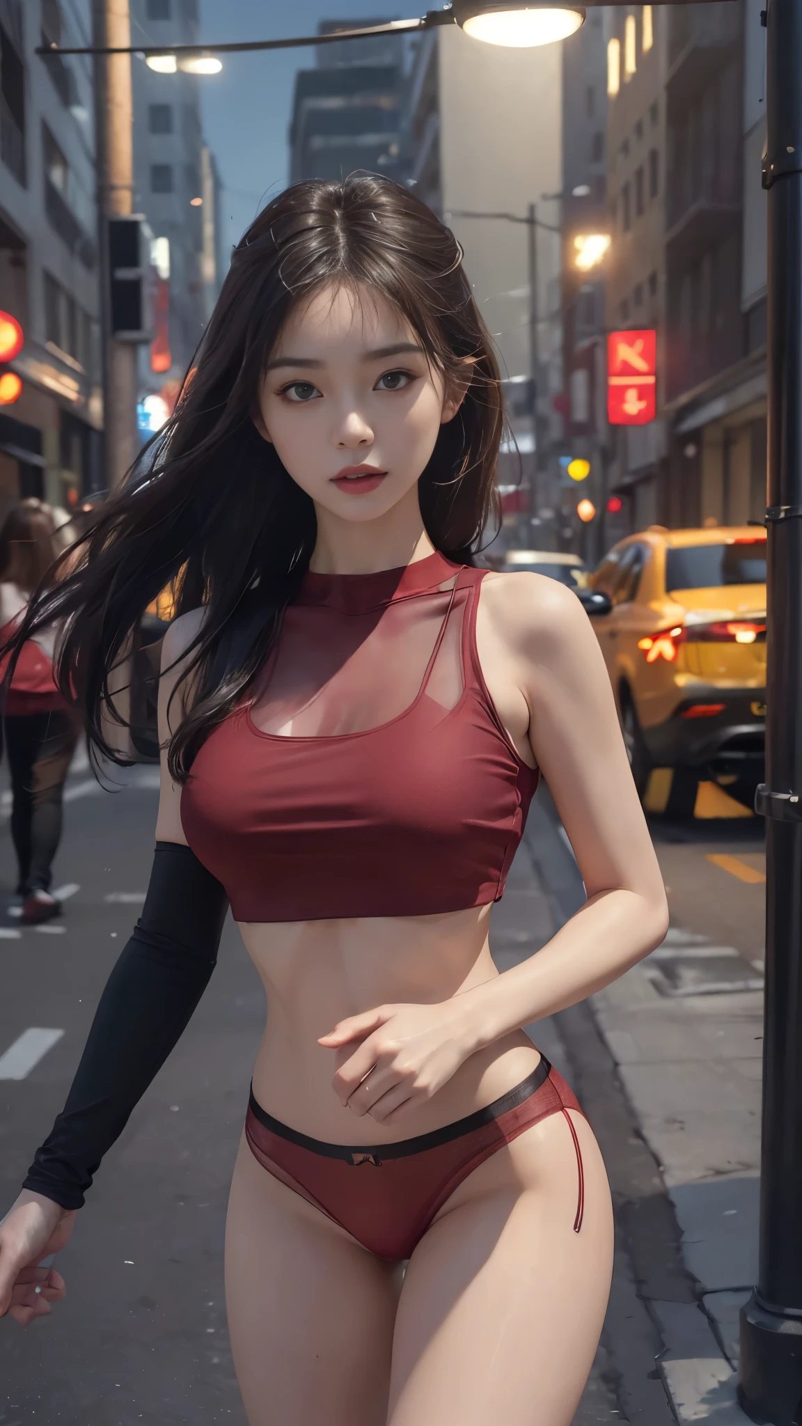 ((Realistic lighting, Best quality, 8K, Masterpiece: 1.3)), Clear focus: 1.2, 1 Korean girl, Perfect Figure: 1.4, Slim Abs: 1.1, See through, tight clothing, ((Korean)), (panties: 1.4), (Red crop top: 1.4), (Outdoor, Night: 1.1), City streets, Super fine face, Fine eyes, Double eyelids,