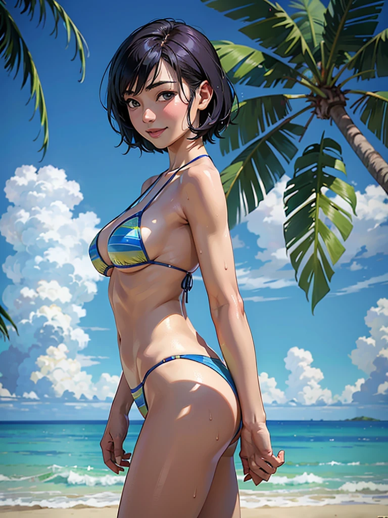 ((highest quality, masterpiece, High resolution)), ((reality)),Photos of beautiful Japanese women,((anime art))、 (((1 girl))), normal size breasts, slim body shape, medium short hair, double eyelid, Wet see-through micro bikini, A pareo with bold ethnic patterns and plenty of primary colors、realistic skin、Wet,whole body,cinematic light、tropical、Against the background of palm trees on both sides、on a sunny beach、With the sea in the background、blur background、smile