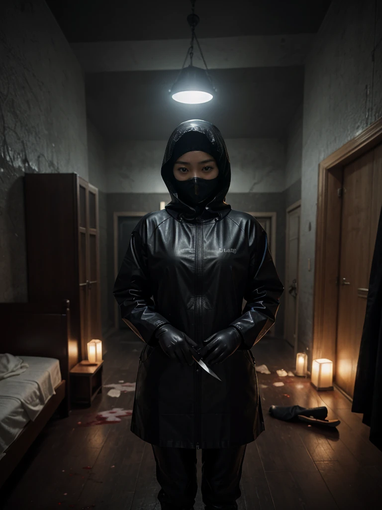 korean girl, (behind corpse, blood splatter), surgical mask, holding knife, stabbing, black raincoat, leather gloves, hood up, room full of blood, long bangs, holding knife, leather gloves, behind corpse, night, mass murderer, robbery, in the hotel,
