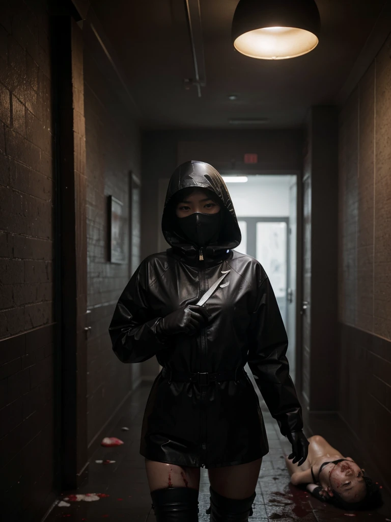 korean girl, (behind corpse, surgical mask), multiple girls, holding knife, stabbing, black raincoat, leather gloves, hood up, room full of blood, black wet suit, holding knife, leather gloves, behind corpse, blood splatter, short hair, night, mass murderer, robbery, in the house, dark atmosphere, cinematic lighting, atmospheric realistic,