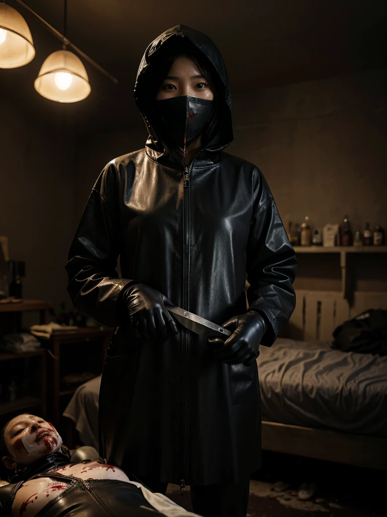 korean girl, (behind corpse, surgical mask), multiple girls, holding knife, stabbing, black raincoat, leather gloves, hood up, room full of blood, black wet suit, holding knife, leather gloves, behind corpse, blood splatter, short hair, night, mass murderer, robbery, in the house, dark atmosphere, cinematic lighting, atmospheric realistic,