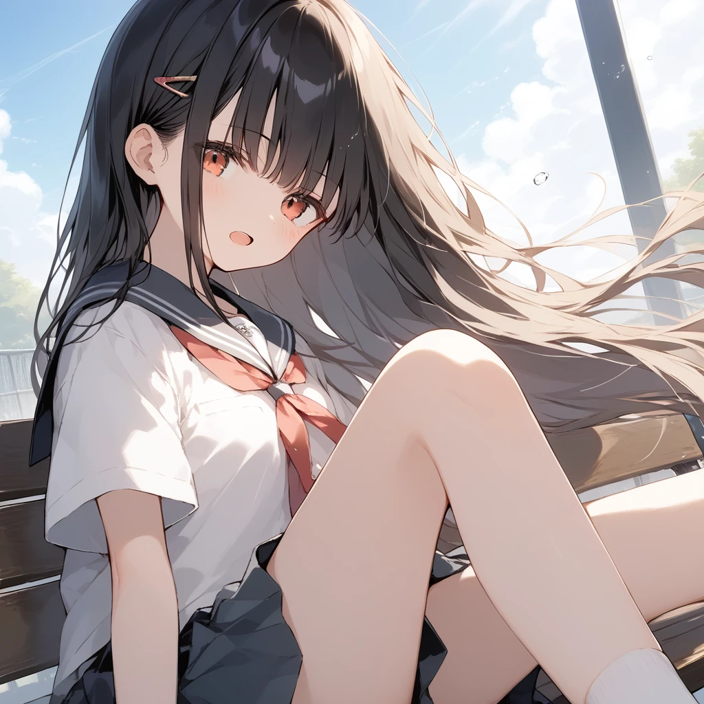 score_9, score_8_up, score_7_up, source_anime, best quality, masterpiece, official art, absurdres, highres, ultra-detailed,waifu2x,Collection: Slice of Life,break,1girl, long hair, straight hair, black hair, blunt bangs, small breasts, beautiful detailed eyes, school_uniform,  open mouth, (yawn:0.3), sleepily, sitting, bench, outdoors, wind, break,(clear line illustration:1.2),very high resolution, very aesthetic, super detailed skin, Best sexual lighting powered by famous artist, 8k,cute picture,beauty illustration,photoshop_(medium),,(Detailed Lighting),best anime 8k konachan wallpaper, pixiv contest winner, 