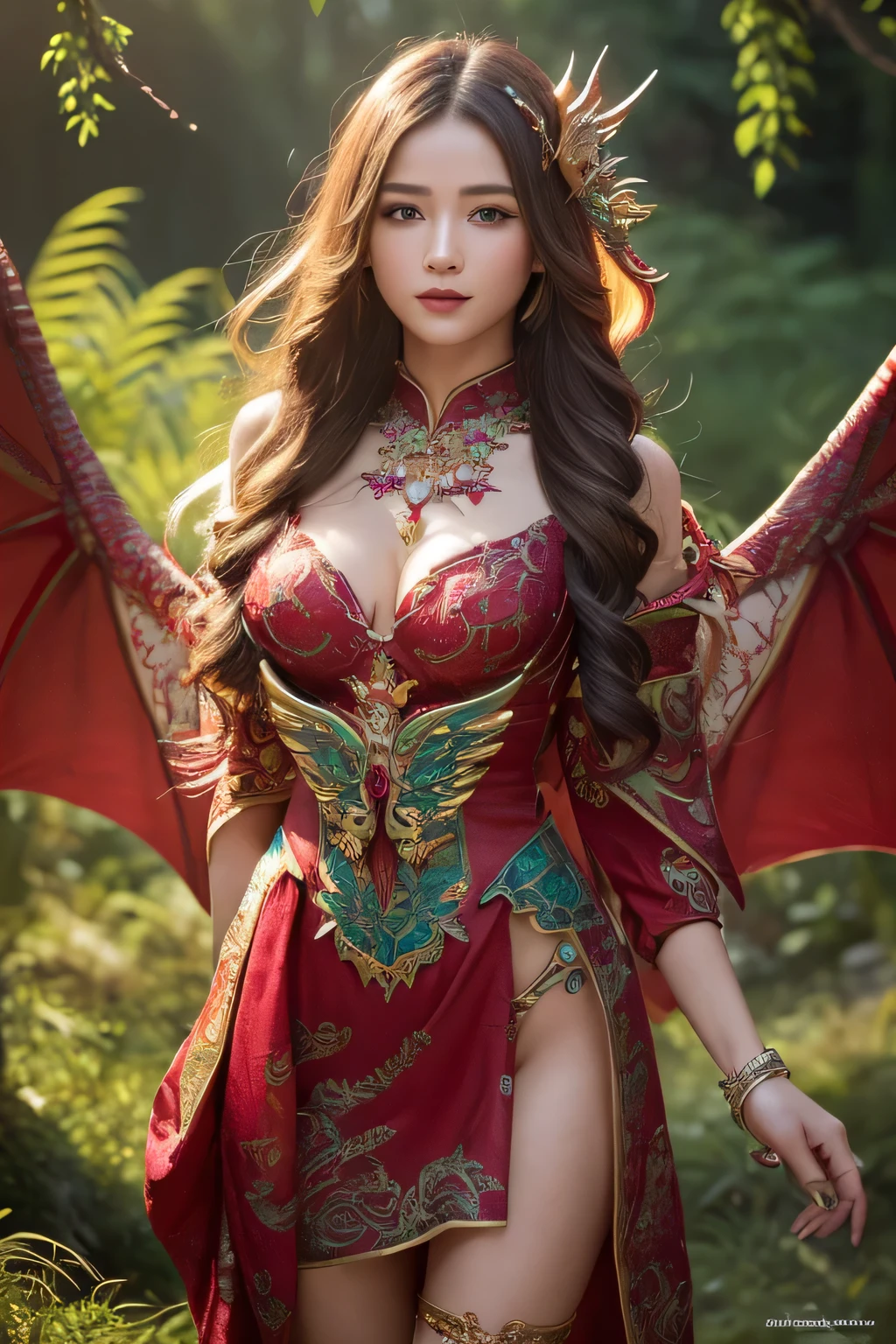 (Highest quality, masterpiece:1.3), ((Beautifully detailed face)), beautifully detailed skin, Intricate details, Very detailed, Best image quality in 8K,(18 year old girl:Prostitute,sexy:2.0,Undressing),A Japanese girl,Baby Face,(Detailed Hair, long hair:1.4),Detailed lips,Open your mouth,Beautiful and detailed feet,blush,Embarrassing,Realistic Face,Realistic Skin,(Vibrant Skin),Vivid lips, wearing a detailed and vibrant dragon costume, with intricate scales and wings, designed with claw and dragon scale, standing confidently. The costume is fantastical and red color and designed to cover her skin. with the girl looking joyful and playful. The background is a magical forest with soft lighting and mystical elements, capturing a whimsical and enchanting atmosphere, whole body, standing, mix4, 20d, solo, short_hair, shirt, high_heels,full_body, look_at_viewer, (8k, RAW photography, top quality, masterpiece:1.2), (realistic, photorealistic:1.37), professional lighting, photon mapping, radiosity,physically based rendering.