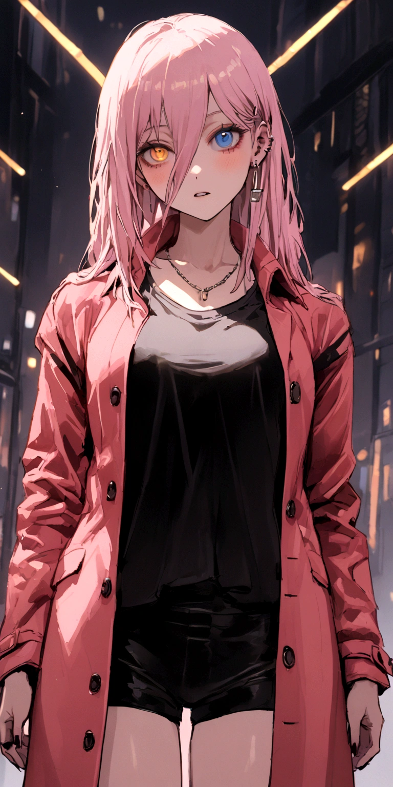 Cyberpunk, Girl, 1girl, Beautiful lady in office black shirt with buttons and shorts, office like longer pink coat, long pink hair, Multi-colored hair, multi-colored eyes, heterochromia, tall, thin, beautiful lady, perfect body, slim, blueeyes, office suit, elongated, Prominent Jaw, Thin girl, skinny girl, perfect skinny girl, teen, 16 years old, 