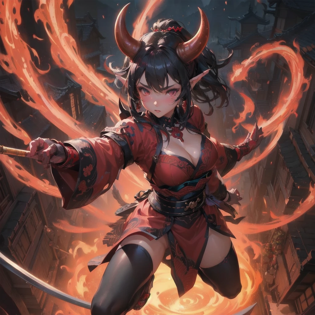 masterpiece, (textured skin), best quality, gorgeous beautiful girl, (a female oni), japanese devil,detailed clothes,large breasts,narrow waist,, (beautiful face), cinematic lighting, (fantasy anime art ),