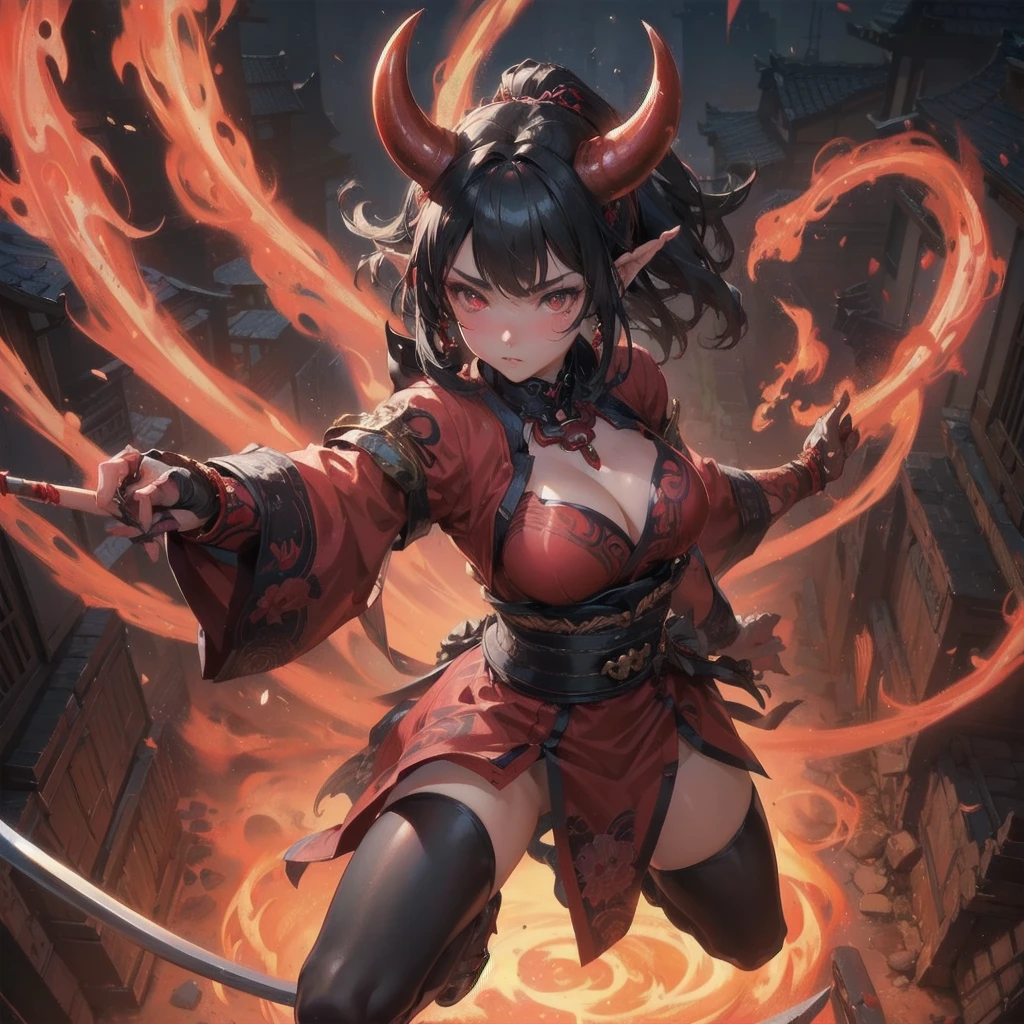  masterpiece, (textured skin), best quality, gorgeous beautiful girl, (a female oni), japanese devil,detailed clothes,large breasts,narrow waist,, (beautiful face), cinematic lighting, (fantasy anime art ),
