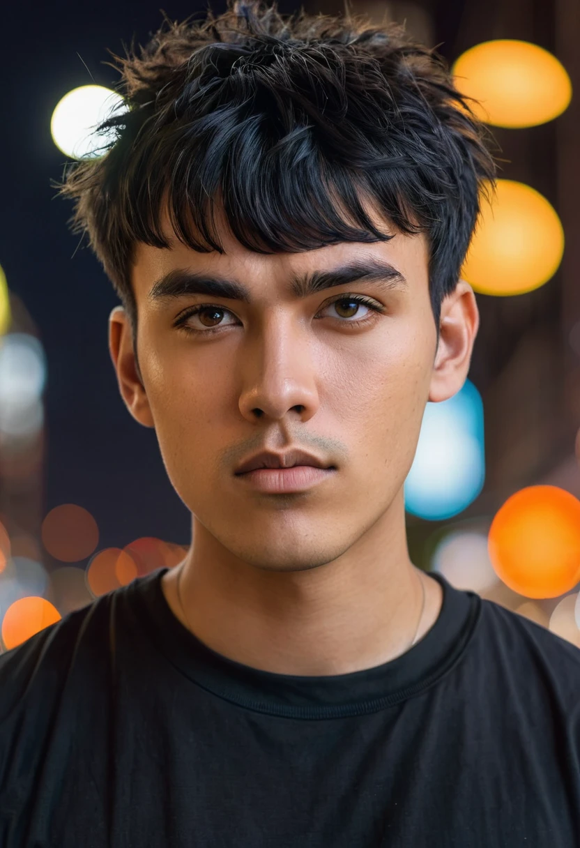 close-up portrait, low angle shot, of a young man with short black hair and messy bangs, medium-toned skin with neutral undertones, serious expression, oval face, wearing an oversized black t-shirt, detailed portrait, futuristic city background with lights orange neon, cinematic lights, shadows