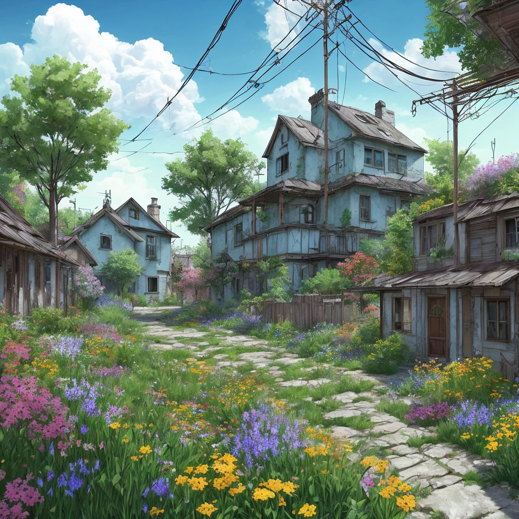 very cozy place, hyperrealism, (anime Makoto Shinkai:0.4), old shabby house in city street, Home wiring, on open air, sky, cloud, day, landscape, tree, blue sky, building, sign, wires, railing, wide shot, pillar, city, wild land, flowers, a lot of dishes were lying around in disarray