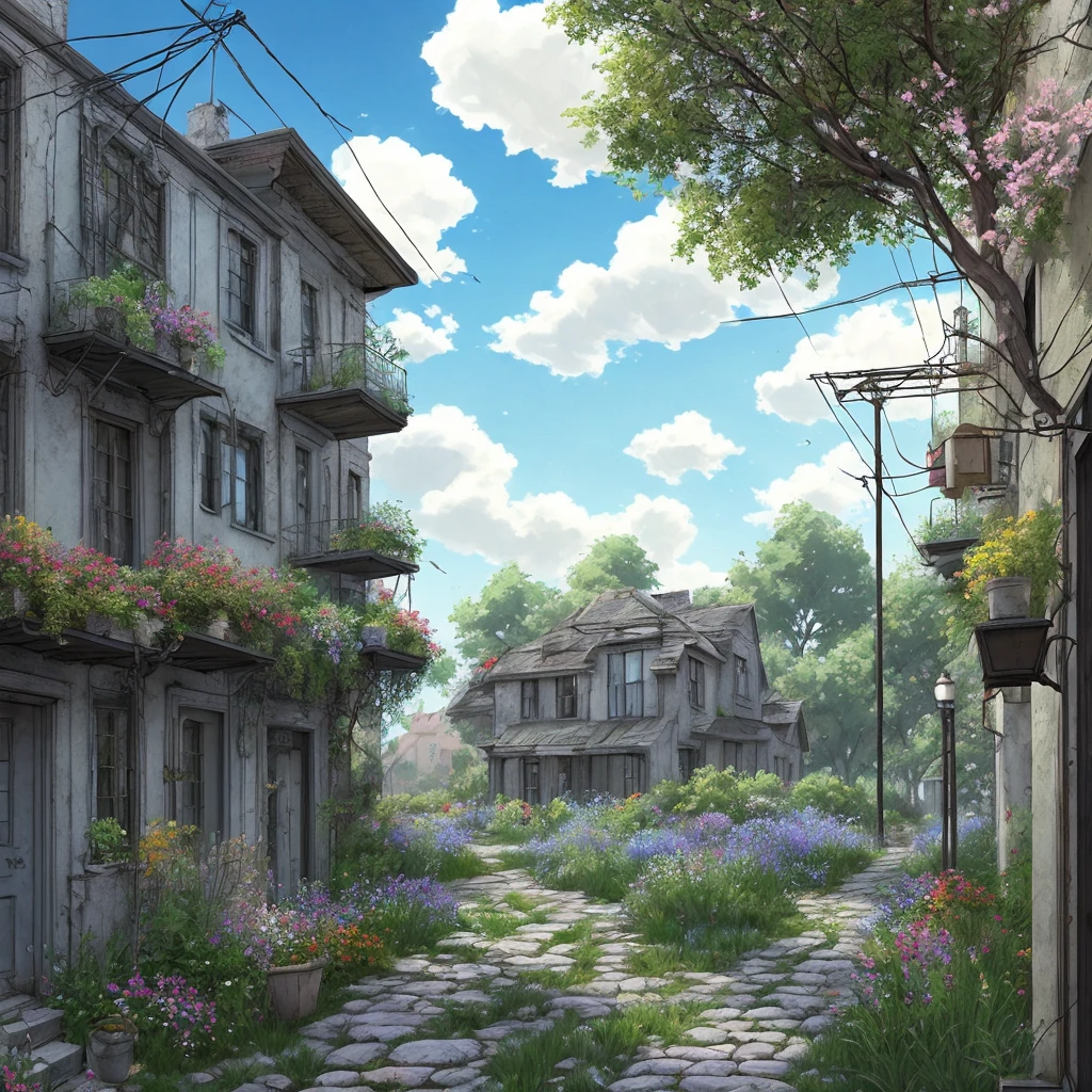 very cozy place, hyperrealism, (anime Makoto Shinkai:0.4), old shabby house in city street, Home wiring, on open air, sky, cloud, day, landscape, tree, blue sky, building, sign, wires, railing, wide shot, pillar, city, wild land, flowers, a lot of dishes were lying around in disarray