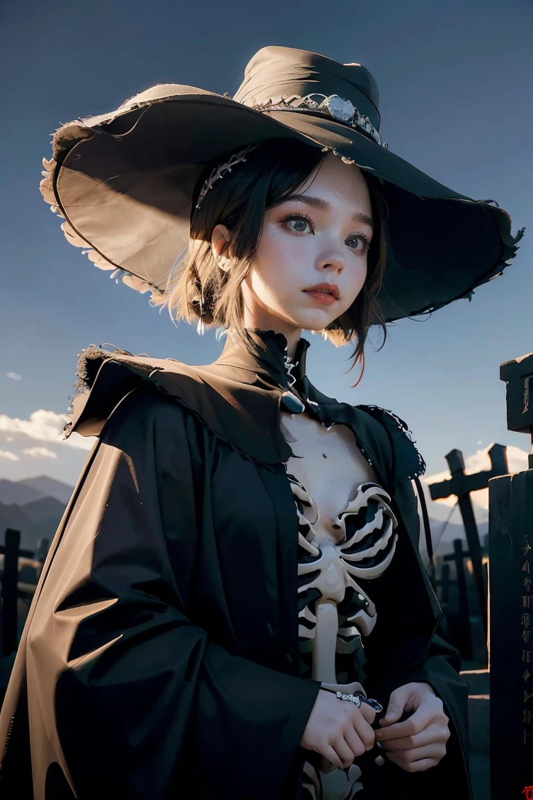 arafed woman in a skeleton costume with a hat on her head, hone onna skeleton geisha, skeleton girl, xue han, goddess of death, goddess of death in a graveyard, inspired by Xie Huan, eerie art style, saint skeleton queen, lulu chen, halloween art style, jingna zhang, wenfei ye, 2 d cg